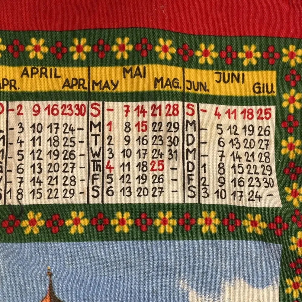 VTG 1978 Linen Tea Towel Calendar Wall Hanging Mountains Chapel Homes 15”x22”